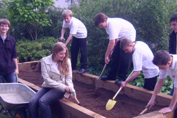 Students planting vegetables